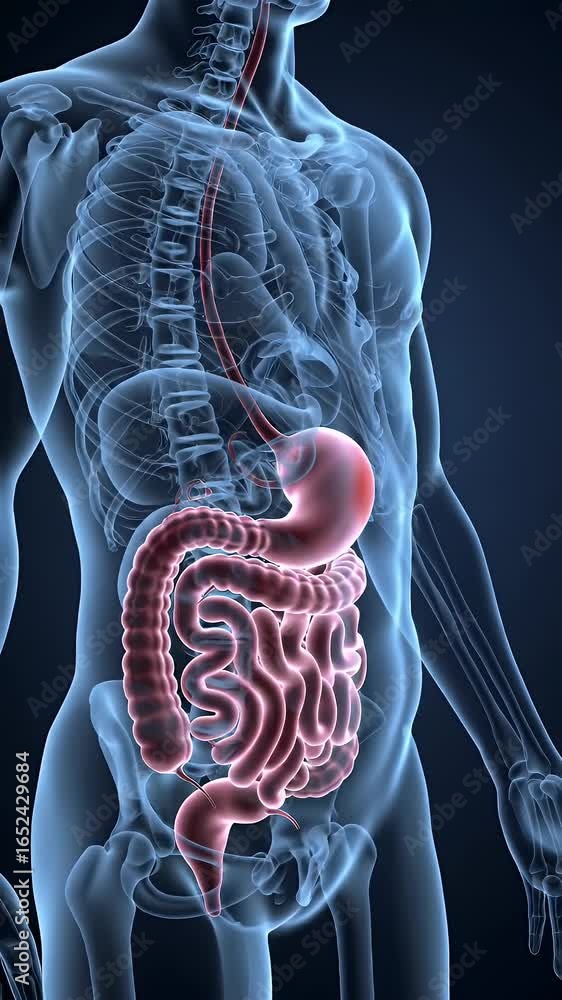 Poster translucent ethereal view inside the human torso featuring skeletal structure digestive system highl