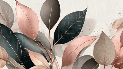 Elegant Abstract Floral Design With Rose Gold And Dark Leaves