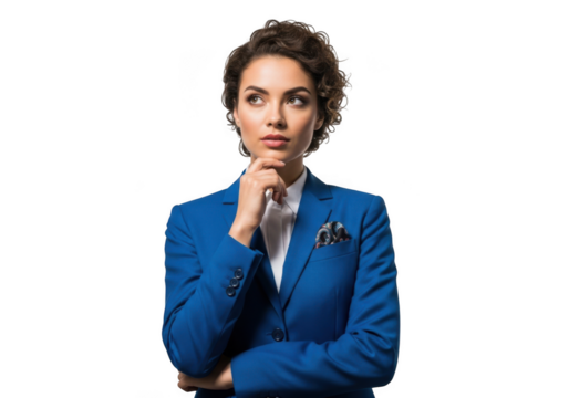 Pensive businesswoman in blue suit thinking deeply, isolated portrait with transparent background, professional woman isolated on transparent background