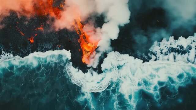 Epic Cinematic 8K HDR Drone Footage of Molten Lava Colliding with Ocean Waves &ndash; Volcanic Iceland Coastline with Steam and Rock Textures for Earth Day, Climate Awareness, and Premium Nature Stock Foota