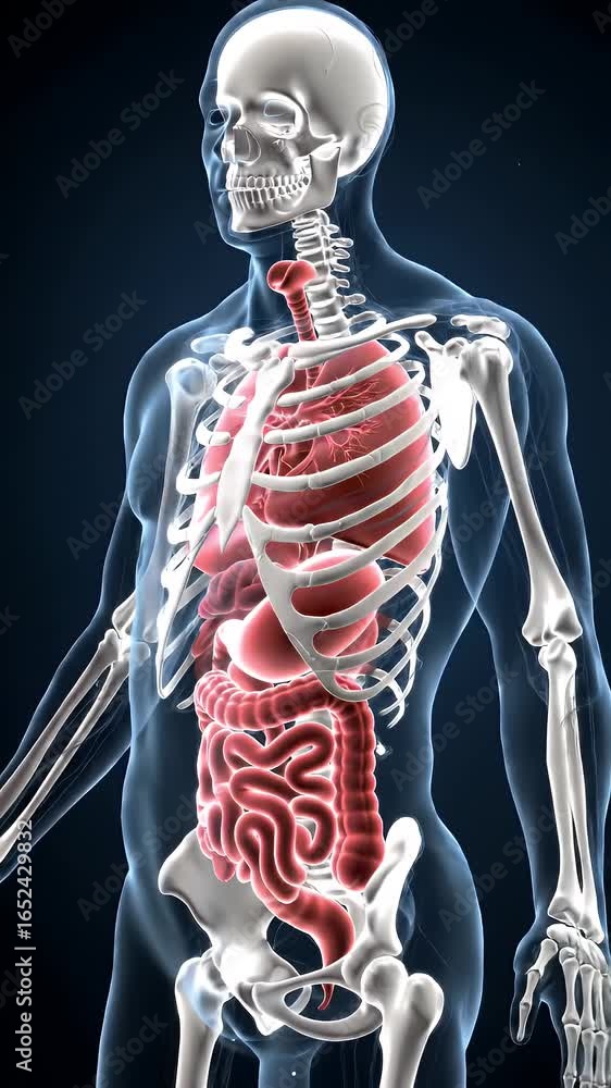 Poster translucent human anatomical model with red internal organs rotating on dark gradient