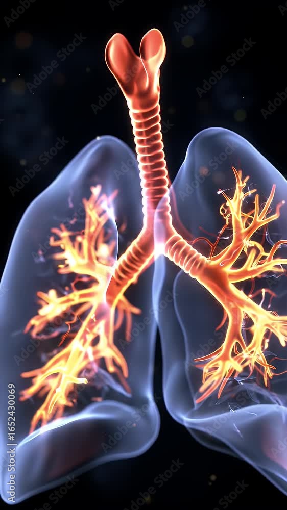 Poster translucent human lung pair with red bronchial tree on dark background with particles