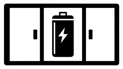 Filled black icon of battery charging station in warehouse, isolated on transparent