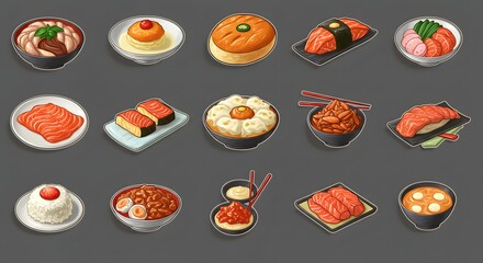 A Collection of Delicious Korean Food Illustrations, Featuring Diverse Dishes and Culinary Delights