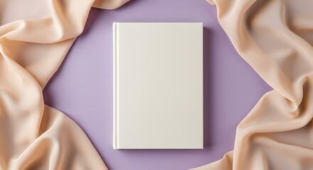 A closed light cream hardcover book with a blank cover, framed by flowing beige fabric, isolated on a purple background with copy space