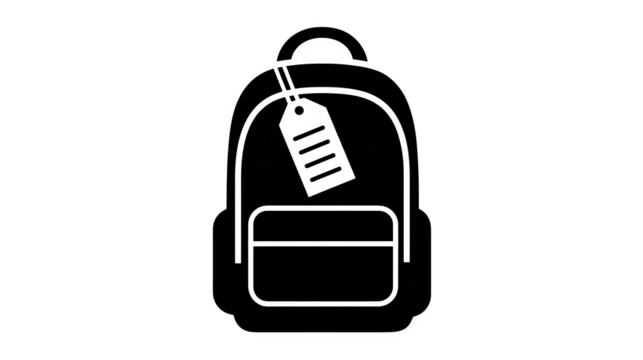 Filled black icon of backpack with travel tag, transparent background