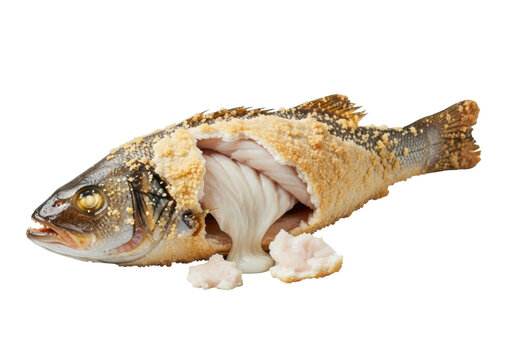 Perfectly whole, salt-baked sea bass with golden-brown skin and exposed moist white flesh on a minimalist transparent studio background, bright diffused lighting, no shadows, high-end commercial food
