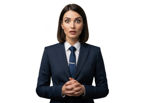 Surprised businesswoman in suit looking shocked, concerned female executive with hands clasped, isolated on transparent background