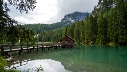 Naklejka premium Lakeside cabin reflected in tranquil water