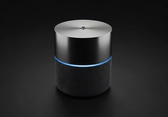 Sleek Futuristic Smart Speaker with Blue LED Light on a Black Background