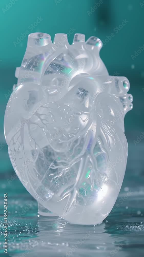 Poster translucent iridescent human heart sculpture on glossy teal surface emphasizing intricate vein struc