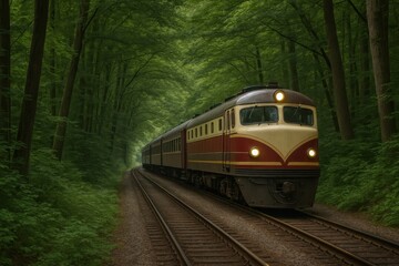 Obraz premium Forest Railway Journey - Vintage Train Threading Through Lush Woodland Landscape Adventure
