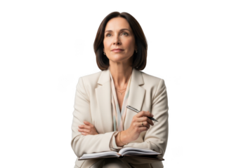 Professional woman writing in notebook, businesswoman thinking, isolated portrait with pen and book, female executive isolated on transparent background