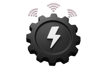 Isolated 3D Render of a Gear with Lightning Bolt and WiFi Signals, Wireless Power Concept