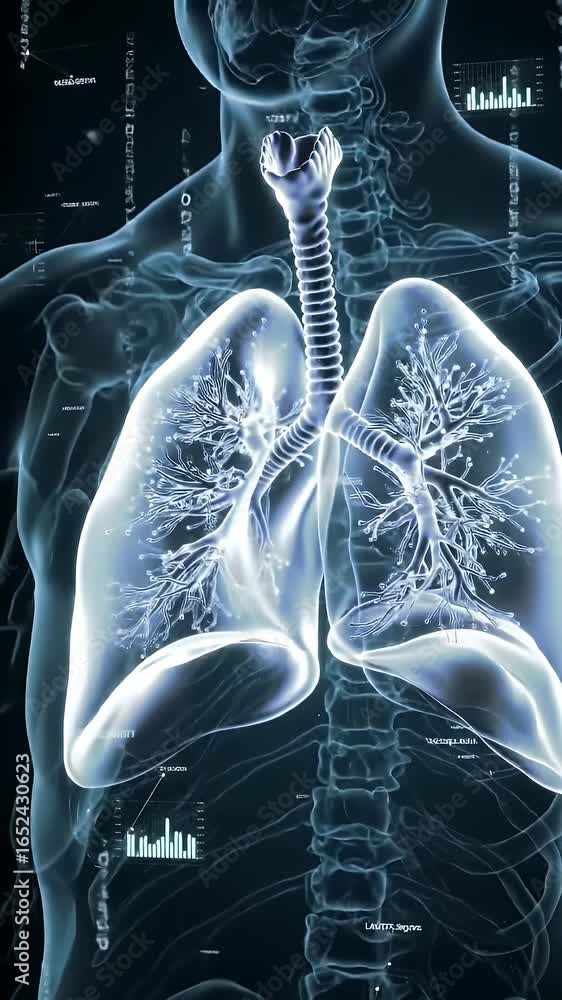 Poster translucent lungs wireframe on dark geometric backdrop with data overlay