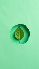 A vibrant green leaf nestled within a cutout circle on a mint green background