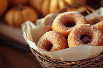 Basket of Cinnamon Sugar Donuts with Autumn Pumpkins in the Background