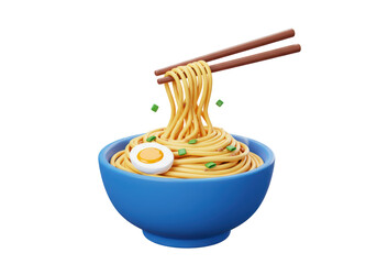 Isolated 3D Render of Ramen Noodles with Chopsticks and Boiled Egg, Asian Food Concept