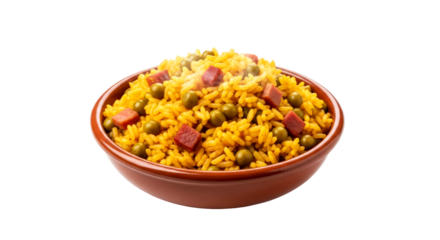 transparent background steaming arroz con gandules in rustic bowl perfect for menus