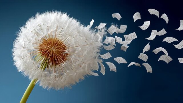 Dandelion puff releasing delicate paper fragments into the air, showcasing a mesmerizing flow of movement and transformation, capturing the essence of nature's beauty and ephemeral moments