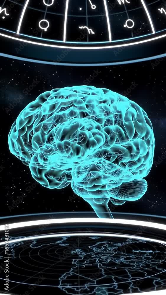 Poster translucent teal brain model rotating against celestial zodiac symbols and world map on black backgr