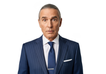 Surprised businessman portrait wearing pinstripe suit, shocked expression, man in suit, business professional, isolated on transparent background