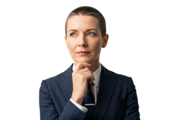 Thoughtful businesswoman in pinstripe suit planning strategy portrait png image with transparent background isolated on transparent background