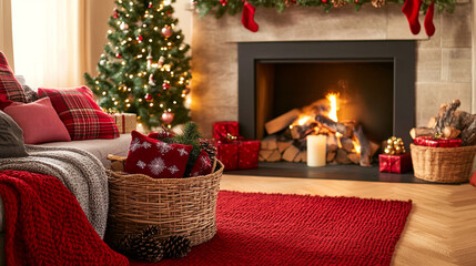 Fireplace with festive holiday decor, cozy red rug in front, basket with Christmas-themed blankets and pillows