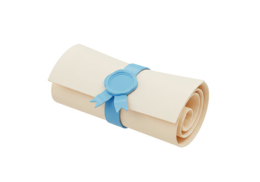 Isolated 3D Render of a Rolled Diploma with Blue Ribbon and Wax Seal, Academic Success Symbol