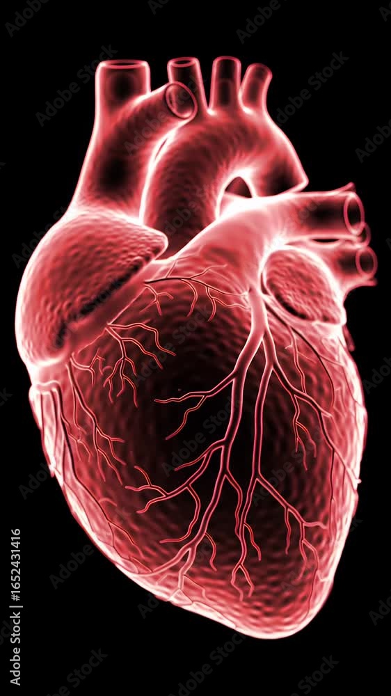 Poster vividly glowing anatomical heart in translucent crystal with hexagonal cellular background shifting 