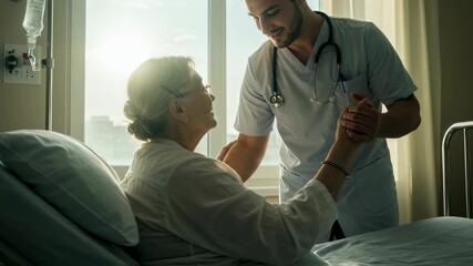 Male nurse helping elder woman in hospital bed, holding senior patient hand. Medical care and recovery process footage.