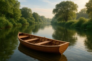 Serene River Journey - Traditional Wooden Boat Floating on Tranquil Waterway Through Natural Landscape