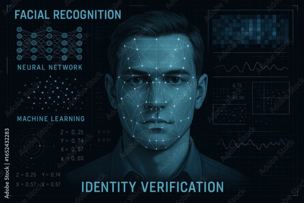 Poster artificial intelligence facial recognition system with neural network pattern analysis