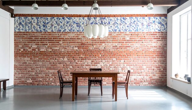A stylish dining area with a brick wall accented by decorative tiles and elegant lighting.