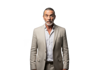 Surprised mature businessman in suit looking shocked and amazed, isolated on transparent background