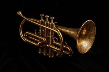Naklejka premium Antique Brass Trumpet Gleaming Against Black Velvet Background in Studio Lighting