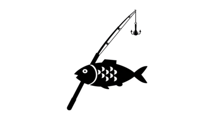 Filled black icon of fishing rod with fish hooked, transparent background