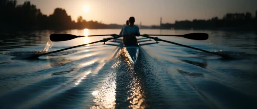 Dynamic rowing team in action on tranquil lake at sunset, creating captivating ripples