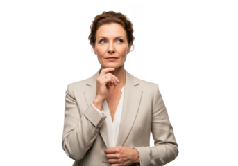 Thoughtful businesswoman pondering strategy with hand on chin in beige suit portrait professional isolated on transparent background