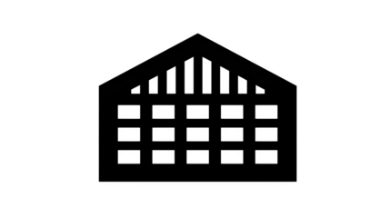 Filled black icon of high-bay warehouse storage, isolated on white