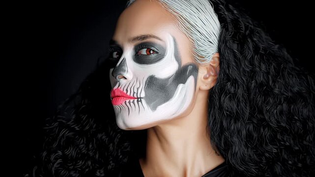 Woman with intricate skull makeup showcasing a striking transformation, featuring bold colors and detailed artistry, capturing the essence of creativity and self-expression in a dramatic portrait sequ