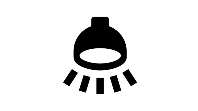Filled black icon of headlamp with beam, transparent background