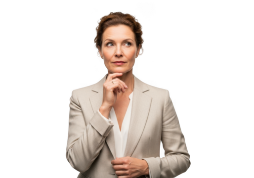 Thoughtful businesswoman pondering strategy with hand on chin in beige suit portrait professional isolated on transparent background