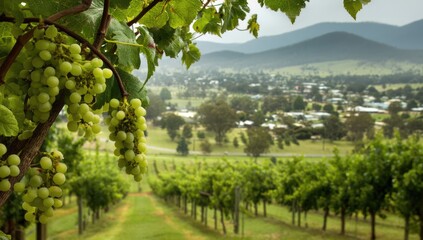 Fototapeta premium Vineyard with white grapes in the foreground, rows of grapevines stretching into hills and mountains,