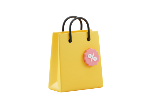 Isolated Yellow Shopping Bag with Percentage Discount Tag 3D Illustration - Powered by Adobe