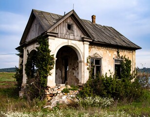 Fototapeta premium Abandoned weathered house, overgrown with vines