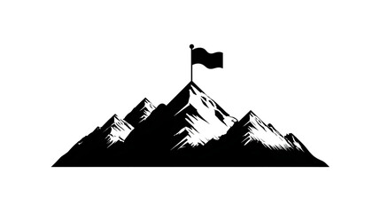 Fototapeta premium Filled black icon of mountain range with flag on peak, transparent background