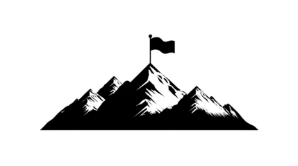 Filled black icon of mountain range with flag on peak, transparent background