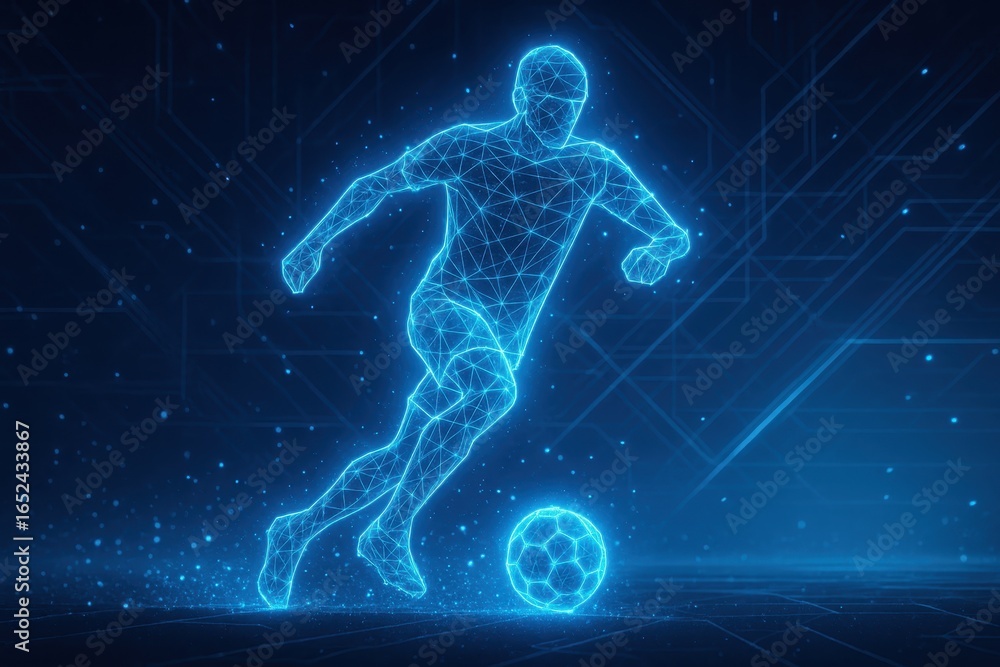Poster dynamic wireframe soccer player with neon geometric visual effects