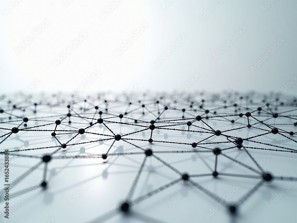 Poster connectivity and network structure concept with abstract mesh of black nodes and lines on white refl